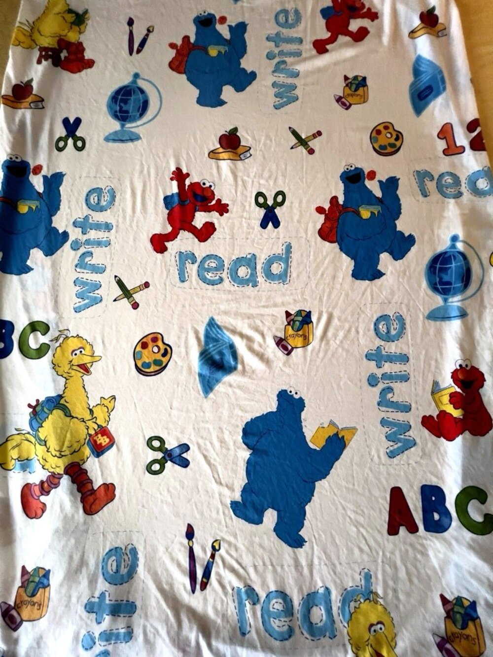SESAME STREET Twin Fitted Sheet ABC Big Bird Cookie Monster Elmo Read Write VTG